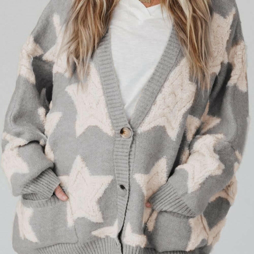 Star Button Up Long Sleeve Cardigan-Cardigans-Krush Kandy, Women's Online Fashion Boutique Located in Phoenix, Arizona (Scottsdale Area)