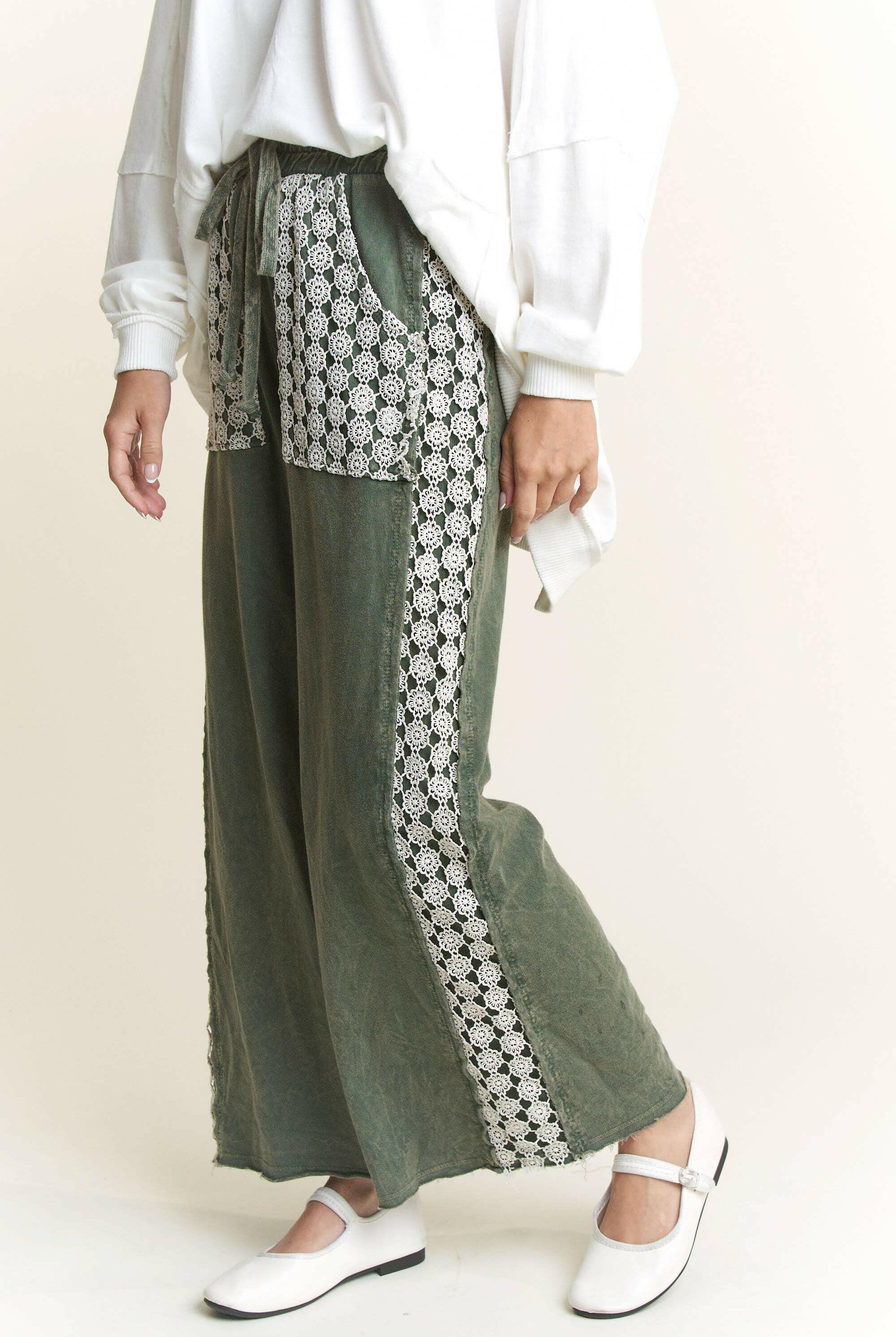 MineralWash Floral Daisy trim Pants-PANTS-Krush Kandy, Women's Online Fashion Boutique Located in Phoenix, Arizona (Scottsdale Area)