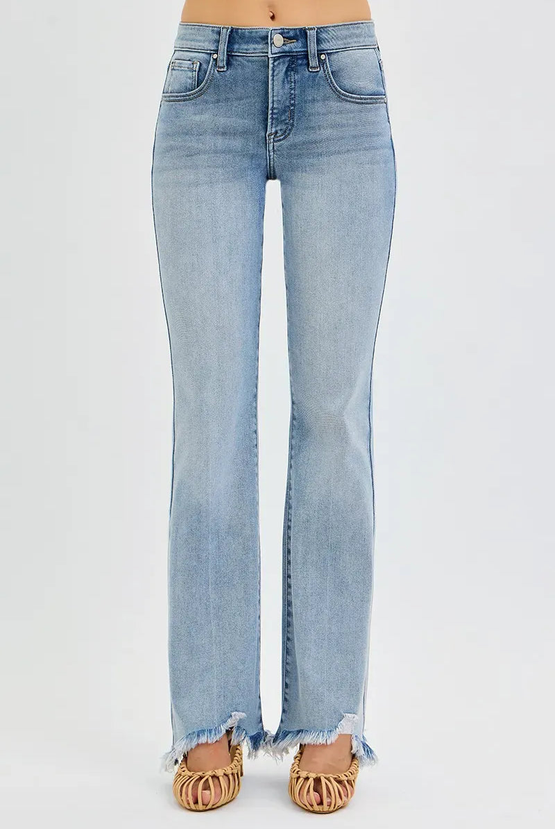 RISEN Full Size Tummy Control Mid Rise Flare Jeans with Fray Hem Detailed Plus Size-Jeans-Krush Kandy, Women's Online Fashion Boutique Located in Phoenix, Arizona (Scottsdale Area)