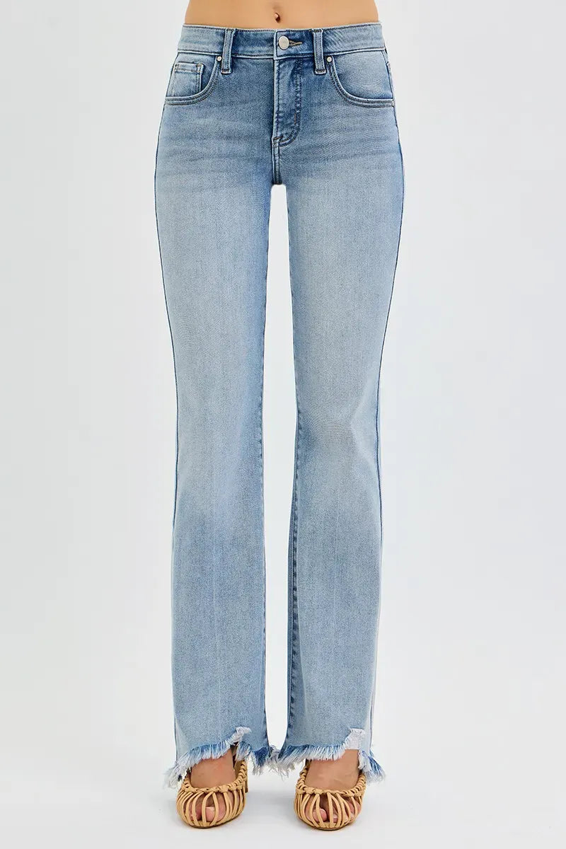 RISEN Full Size Tummy Control Mid Rise Flare Jeans with Fray Hem Detailed Plus Size-Jeans-Krush Kandy, Women's Online Fashion Boutique Located in Phoenix, Arizona (Scottsdale Area)