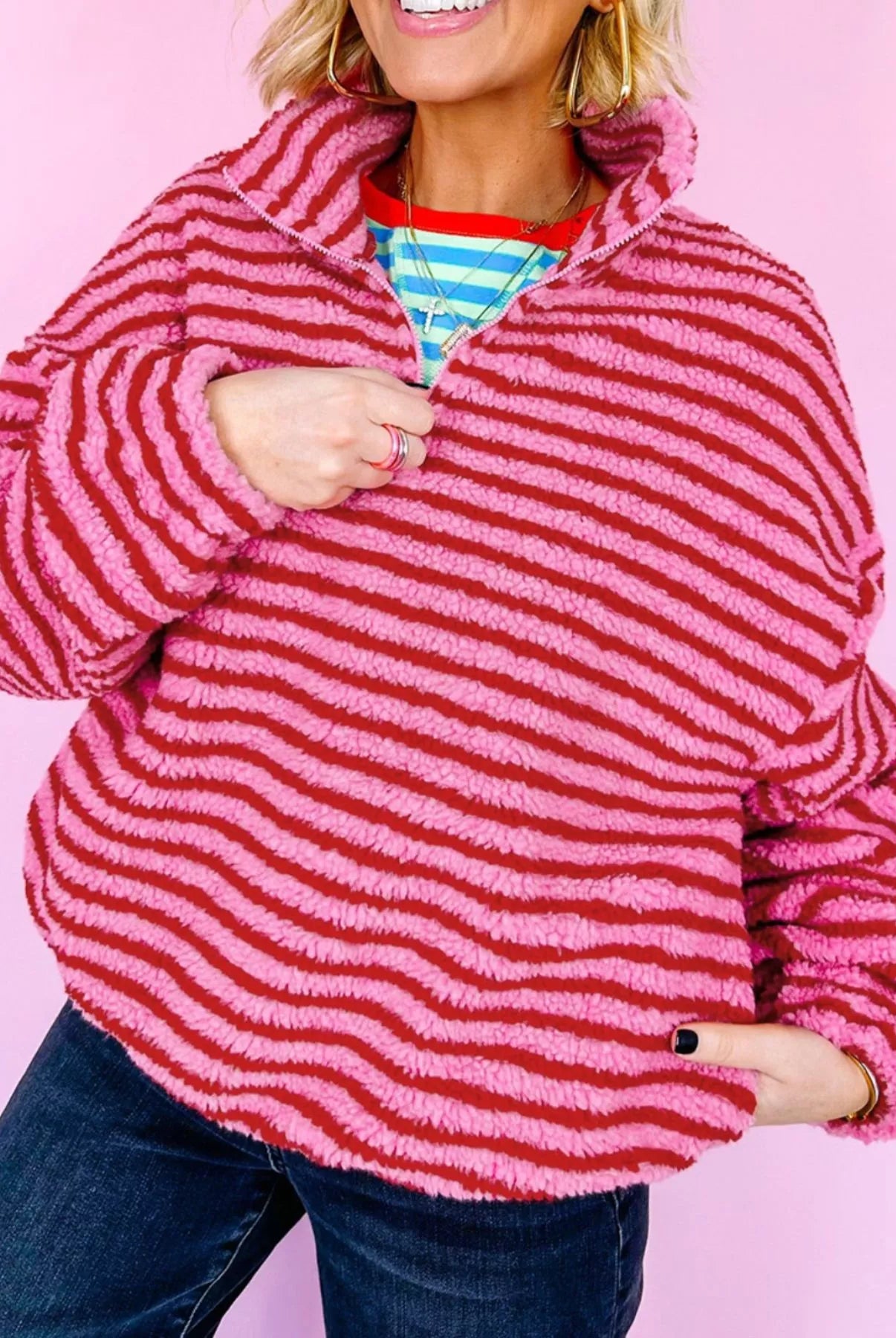 Striped Quarter-Zip Fleece Sweatshirt-Sweaters-Krush Kandy, Women's Online Fashion Boutique Located in Phoenix, Arizona (Scottsdale Area)