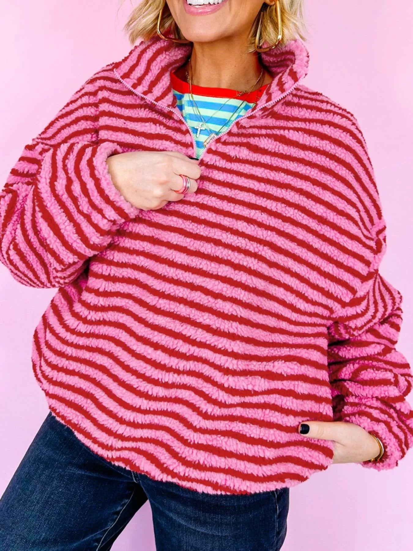 Striped Quarter-Zip Fleece Sweatshirt-Sweaters-Krush Kandy, Women's Online Fashion Boutique Located in Phoenix, Arizona (Scottsdale Area)