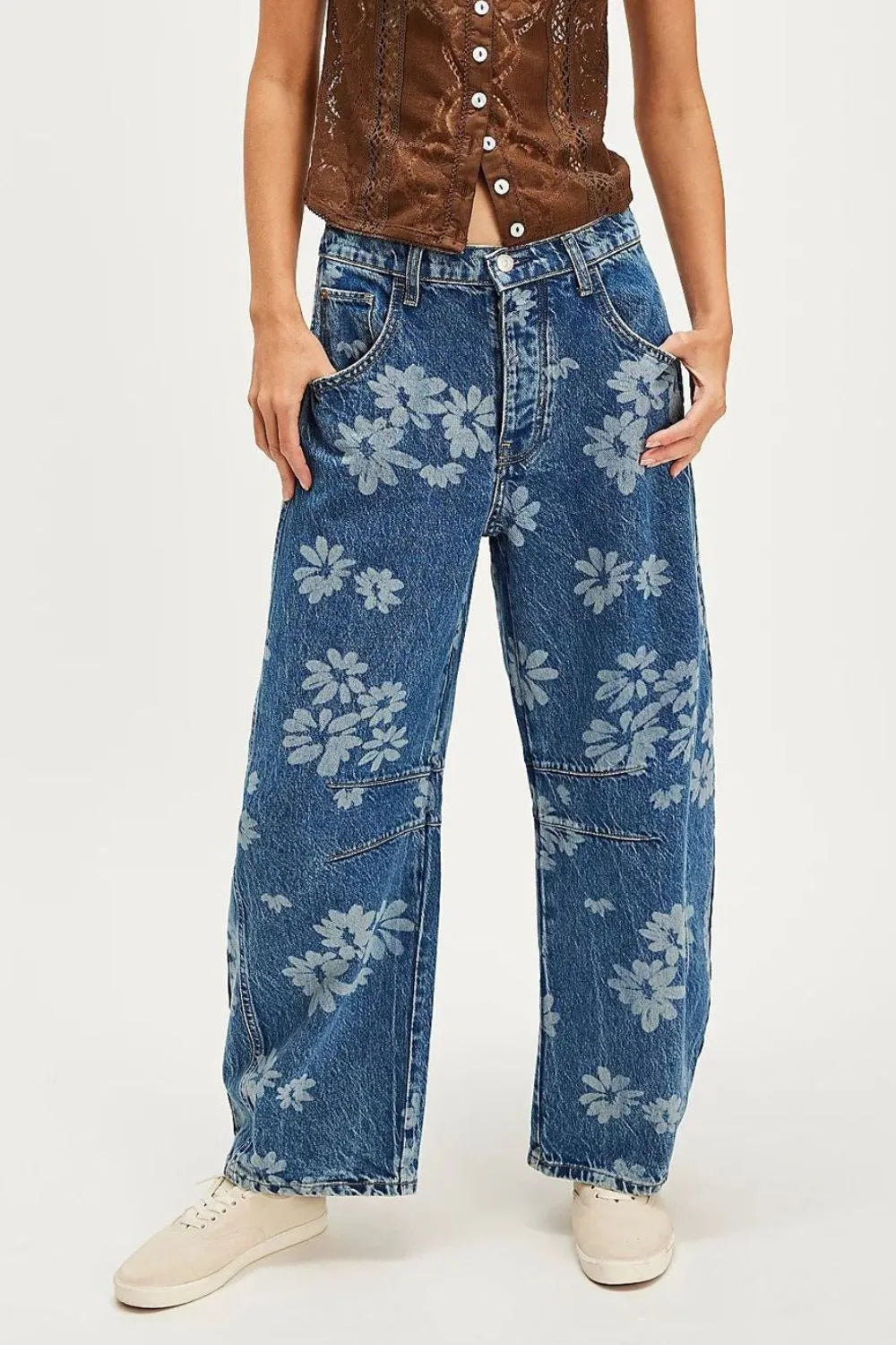 Flower Print Wide Leg Jeans-Denim-Krush Kandy, Women's Online Fashion Boutique Located in Phoenix, Arizona (Scottsdale Area)