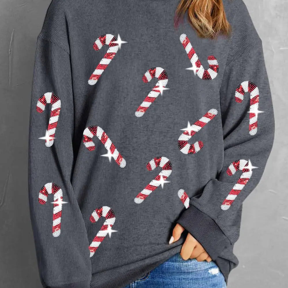 Sequin Candy Cane Round Neck Sweatshirt-Sweaters-Krush Kandy, Women's Online Fashion Boutique Located in Phoenix, Arizona (Scottsdale Area)