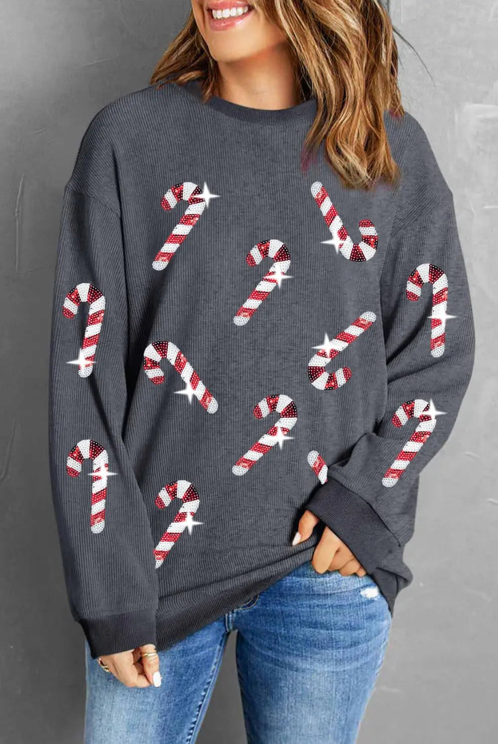 Sequin Candy Cane Round Neck Sweatshirt-Sweaters-Krush Kandy, Women's Online Fashion Boutique Located in Phoenix, Arizona (Scottsdale Area)
