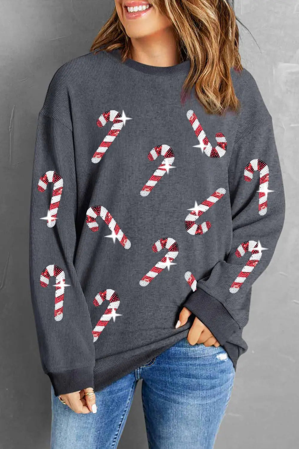 Sequin Candy Cane Round Neck Sweatshirt-Sweaters-Krush Kandy, Women's Online Fashion Boutique Located in Phoenix, Arizona (Scottsdale Area)