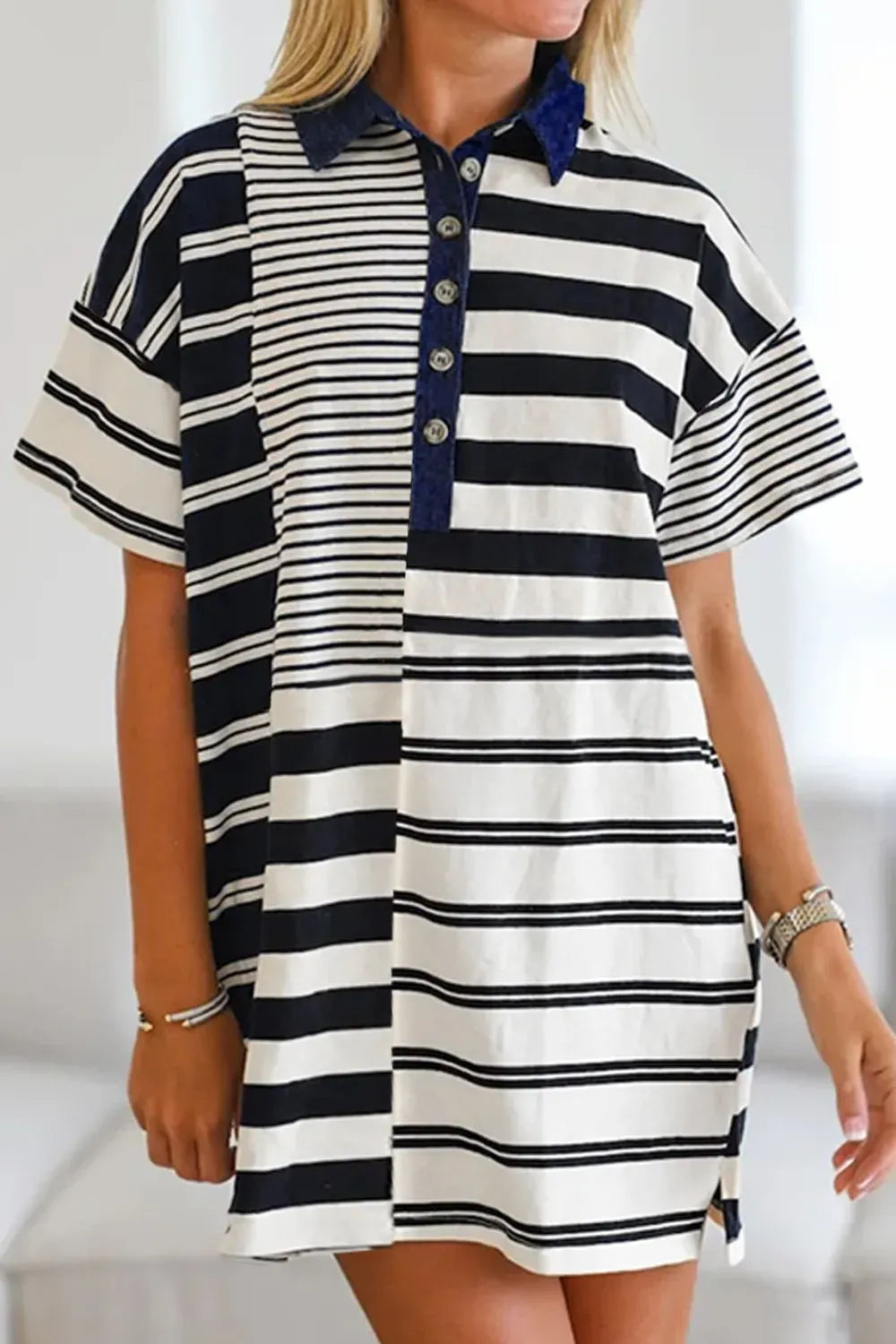 Button Detail Striped Short Sleeve Mini Dress-Krush Kandy, Women's Online Fashion Boutique Located in Phoenix, Arizona (Scottsdale Area)