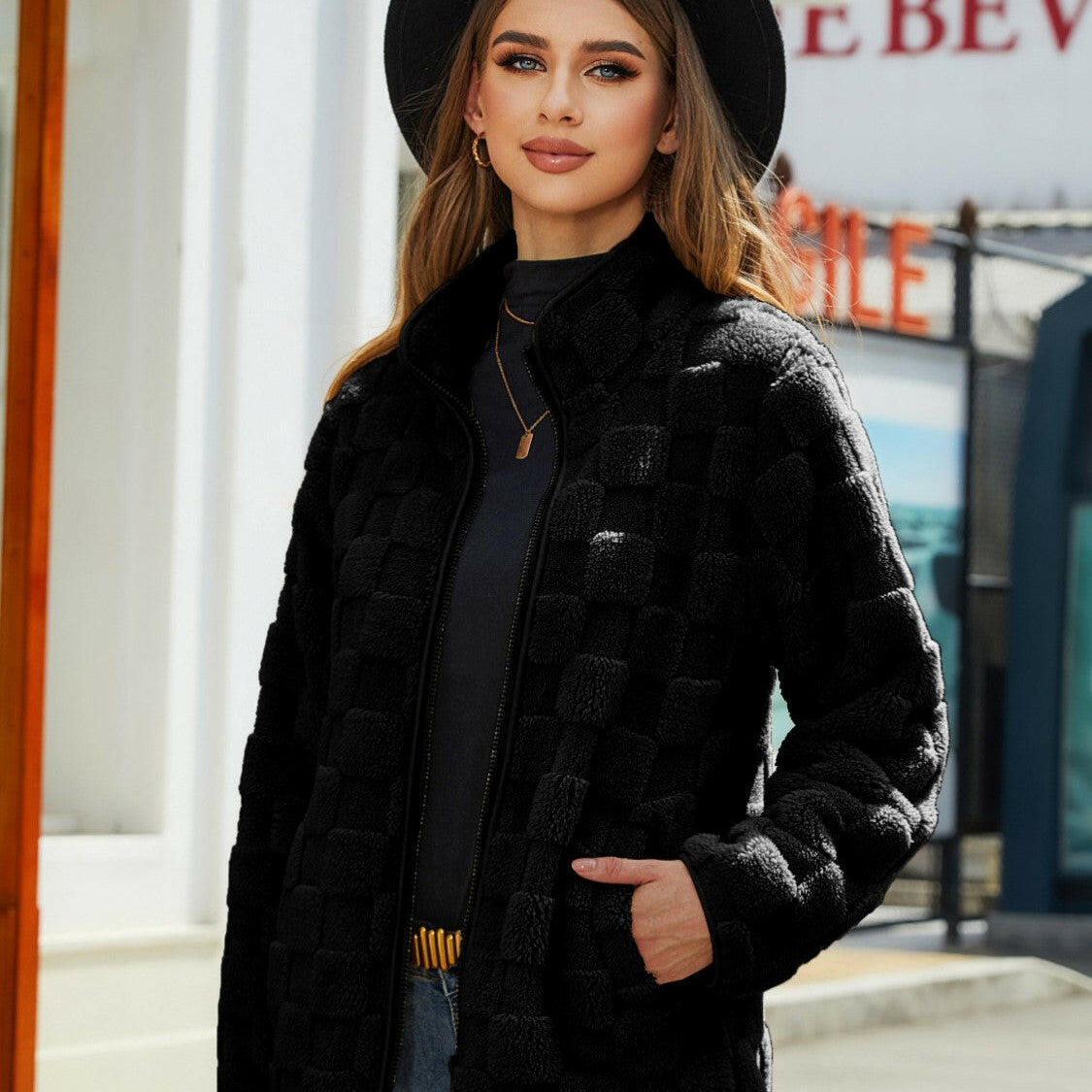 Fuzzy Checkered Zip Up Jacket-Krush Kandy, Women's Online Fashion Boutique Located in Phoenix, Arizona (Scottsdale Area)