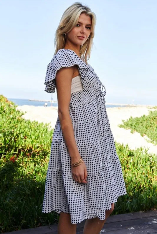 Davi & Dani Jacquard V-Neck Flutter Cap Sleeve Tiered Dress-Dresses-Krush Kandy, Women's Online Fashion Boutique Located in Phoenix, Arizona (Scottsdale Area)
