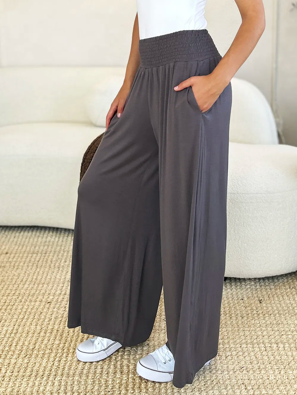 Full Size Smocked Wide Waistband Wide Leg Pants-Pants-Krush Kandy, Women's Online Fashion Boutique Located in Phoenix, Arizona (Scottsdale Area)