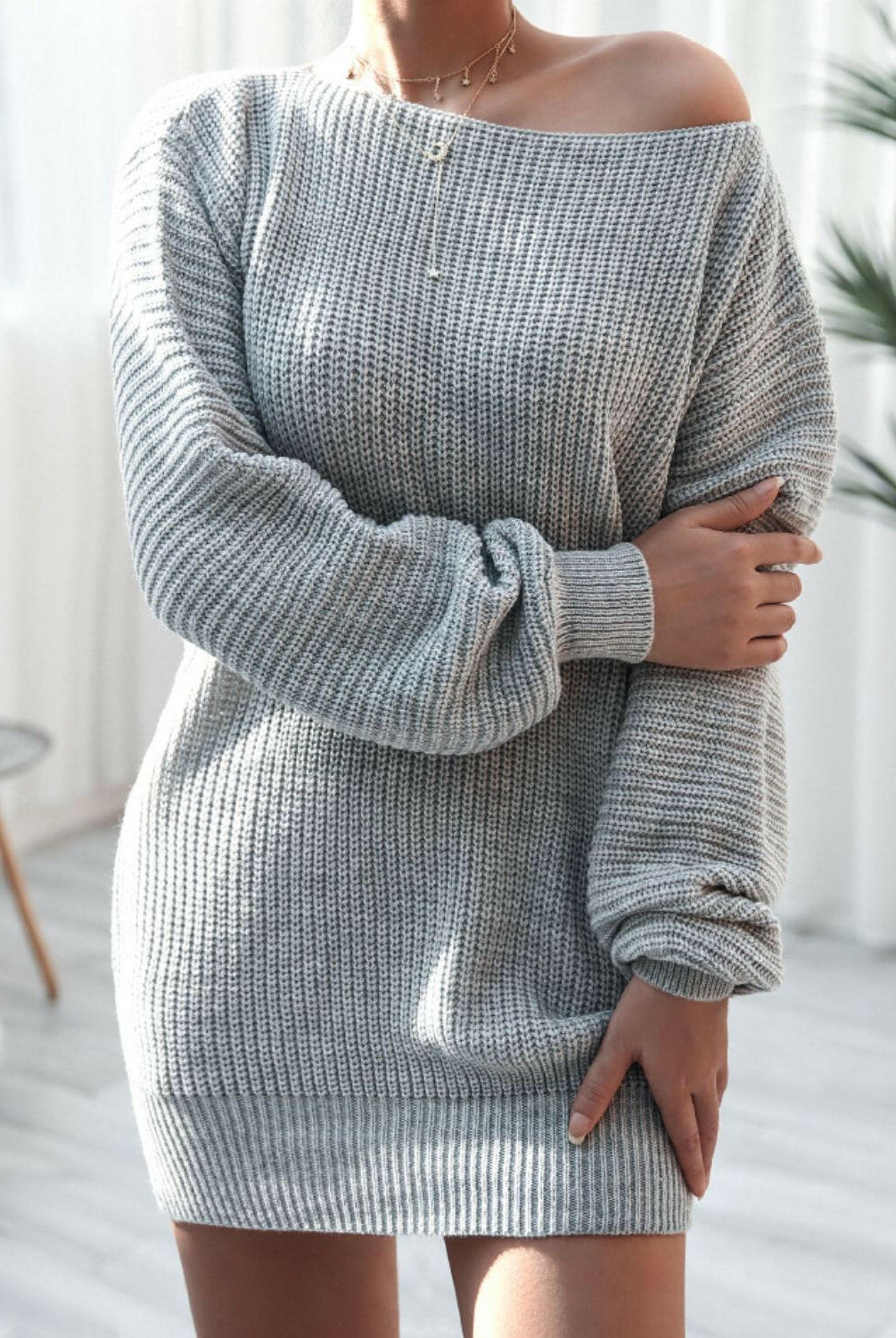 Balloon Sleeve Boat Neck Sweater Mini Dress-Krush Kandy, Women's Online Fashion Boutique Located in Phoenix, Arizona (Scottsdale Area)