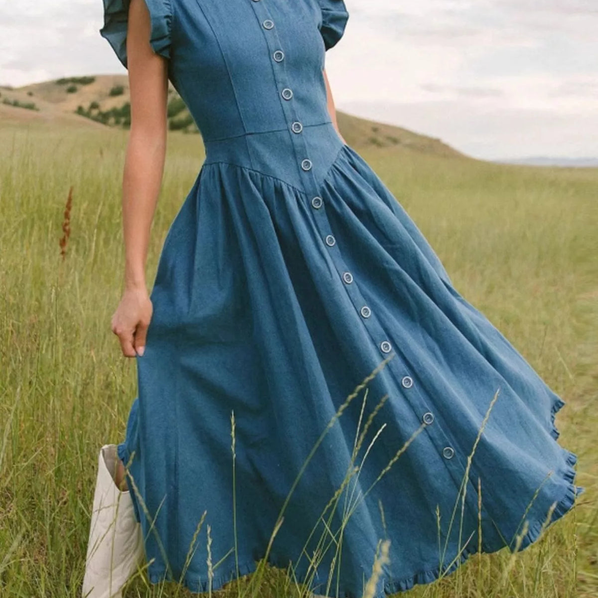 Ruffled Cap Sleeve Denim Dress Navy Blue / XL