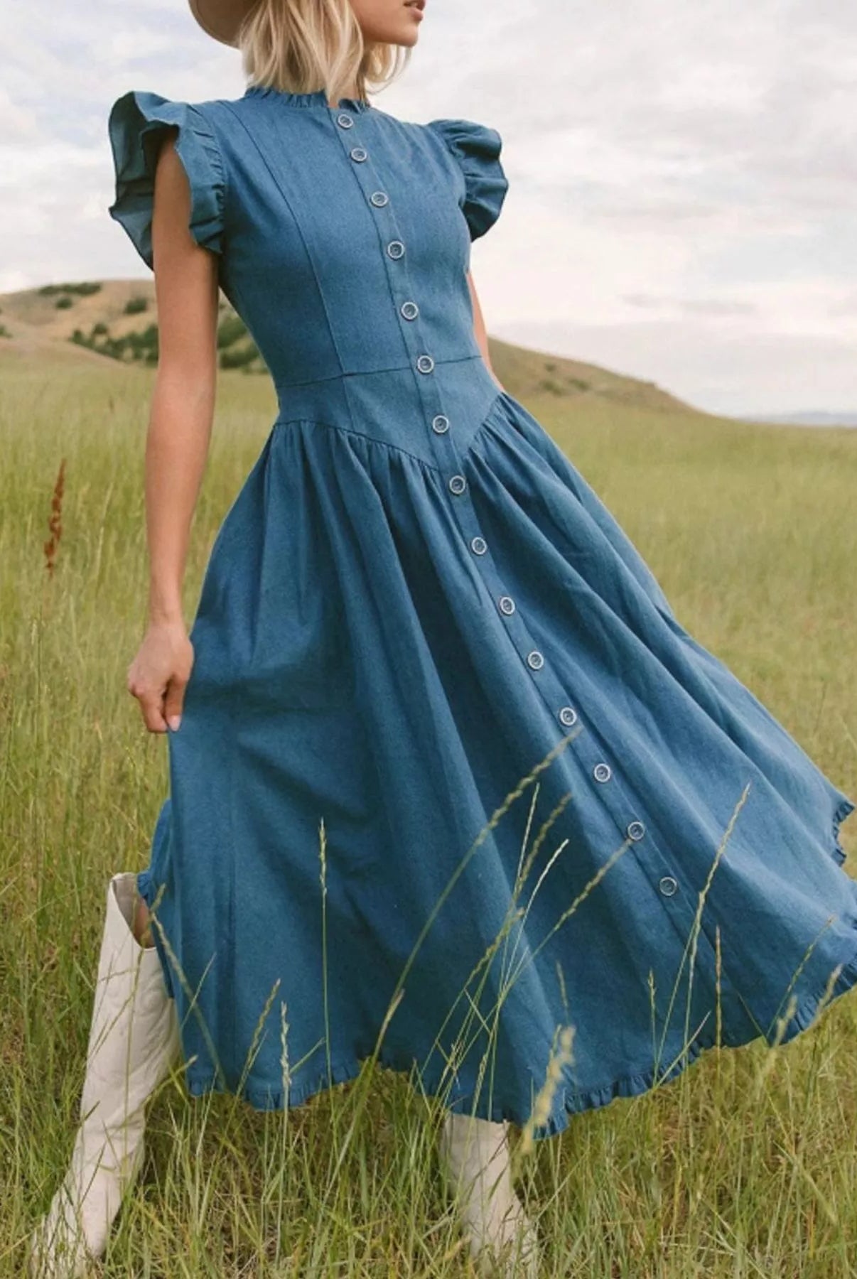 Ruffled Cap Sleeve Denim Dress-Dresses-Krush Kandy, Women's Online Fashion Boutique Located in Phoenix, Arizona (Scottsdale Area)