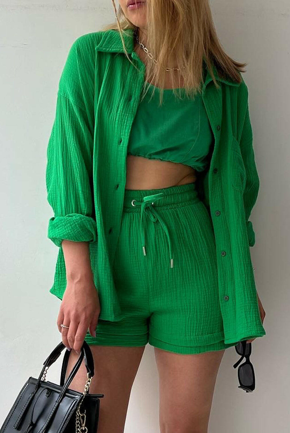 Kinsley Texture Button-Up Shirt and Drawstring Shorts Set-Krush Kandy, Women's Online Fashion Boutique Located in Phoenix, Arizona (Scottsdale Area)