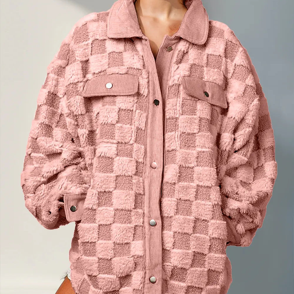 Double Take Button Up Fuzzy Checkered Shacket-Jacket-Krush Kandy, Women's Online Fashion Boutique Located in Phoenix, Arizona (Scottsdale Area)