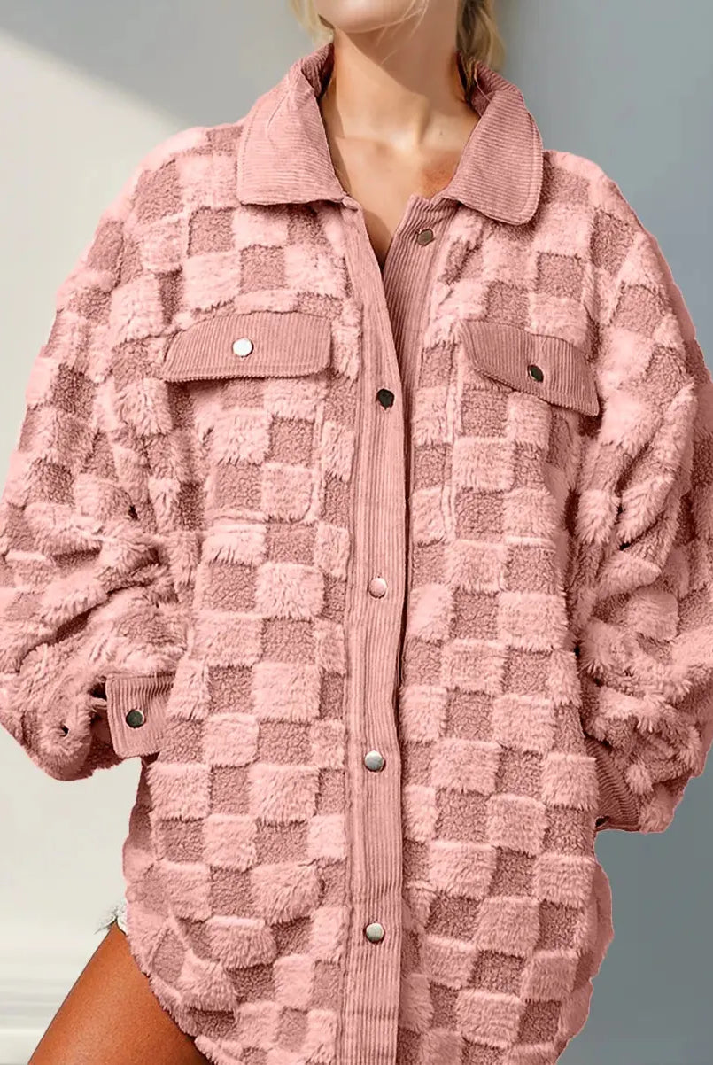 Double Take Button Up Fuzzy Checkered Shacket-Jacket-Krush Kandy, Women's Online Fashion Boutique Located in Phoenix, Arizona (Scottsdale Area)