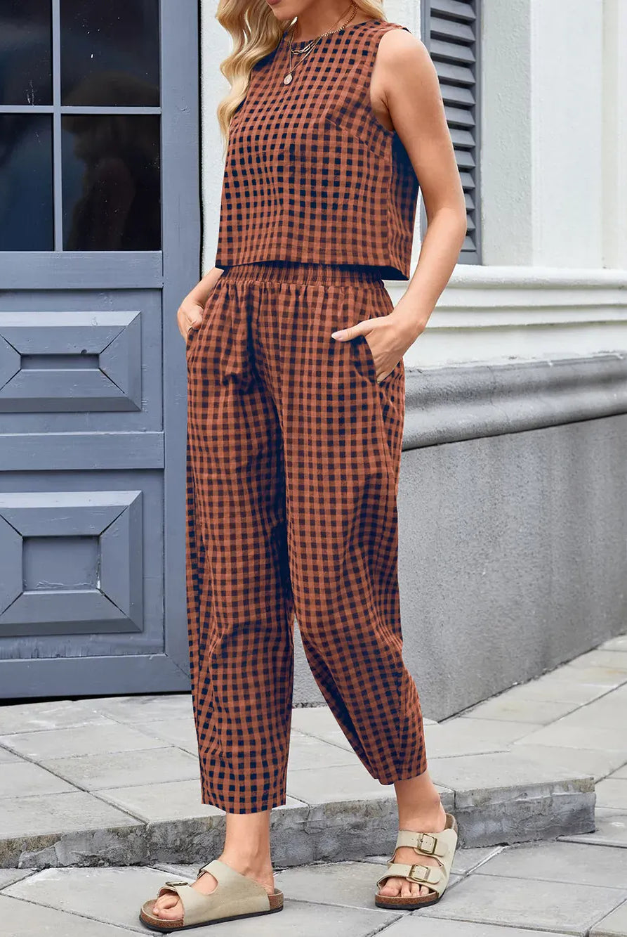 Lovelet Plaid Round Neck Sleeveless Top and Pants Set-2 Piece Outfit Sets-Krush Kandy, Women's Online Fashion Boutique Located in Phoenix, Arizona (Scottsdale Area)