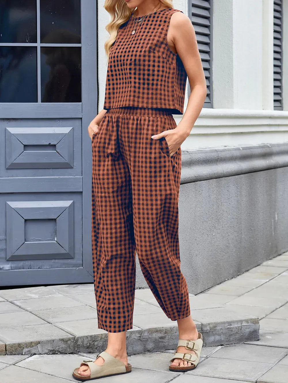 Lovelet Plaid Round Neck Sleeveless Top and Pants Set-2 Piece Outfit Sets-Krush Kandy, Women's Online Fashion Boutique Located in Phoenix, Arizona (Scottsdale Area)