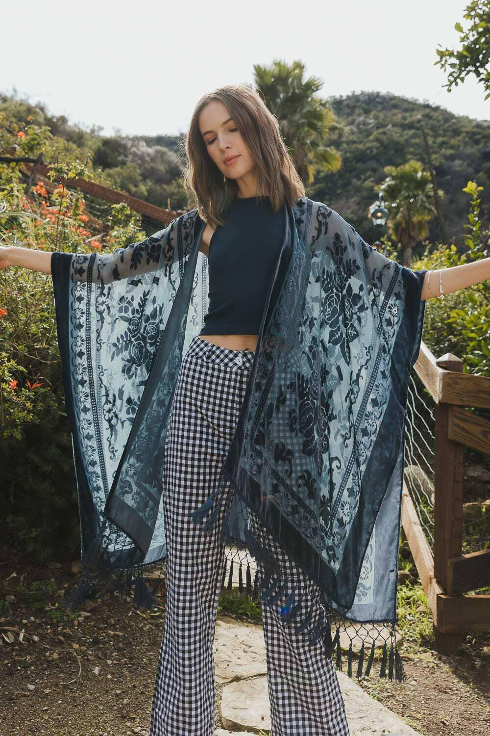 Velvet Mesh Tapestry Tassel Kimono-Kimonos-Krush Kandy, Women's Online Fashion Boutique Located in Phoenix, Arizona (Scottsdale Area)