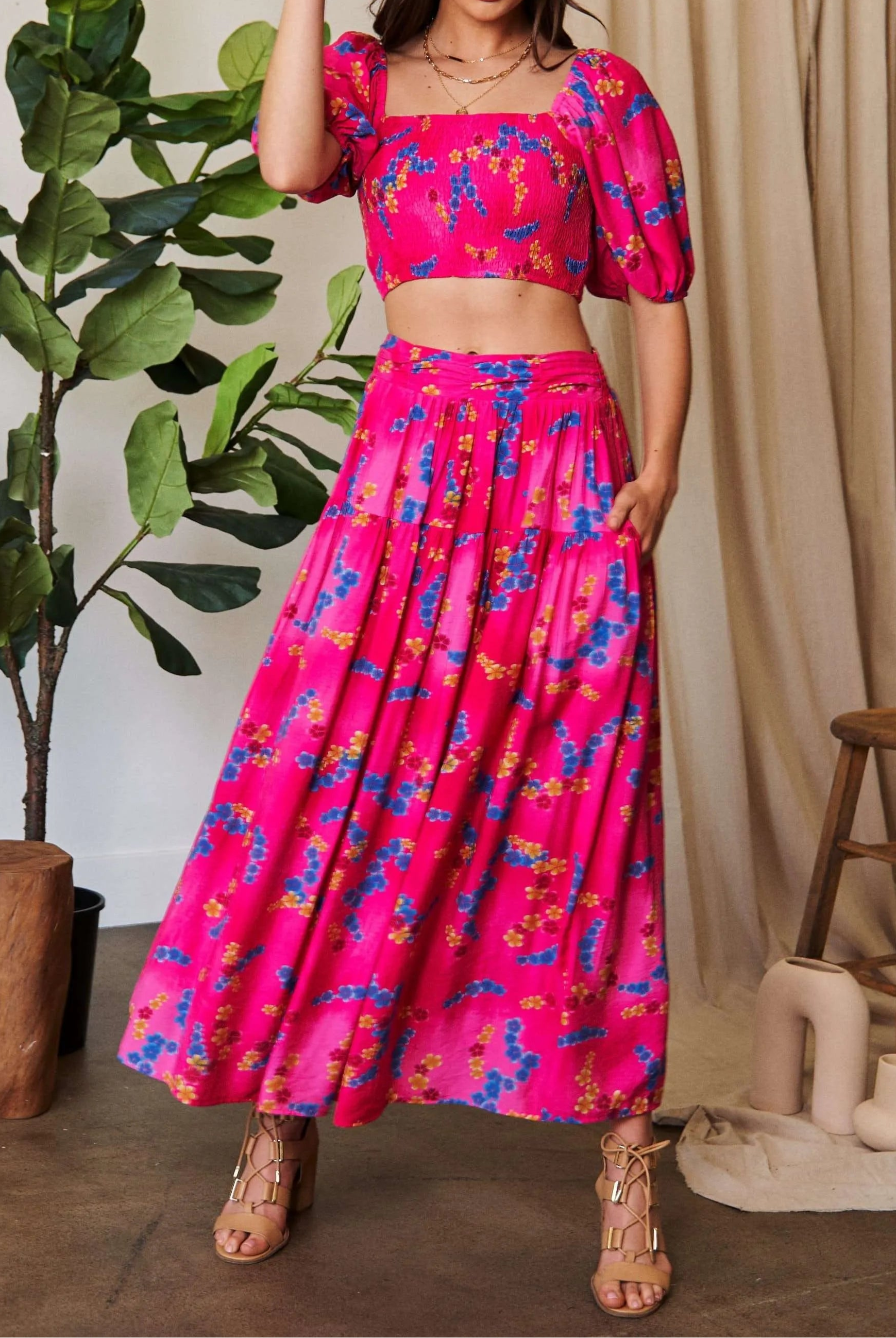 Davi & Dani Smocing Bodice Puff Short Sleeve Printed Crop Top-2 Piece Outfit Sets-Krush Kandy, Women's Online Fashion Boutique Located in Phoenix, Arizona (Scottsdale Area)