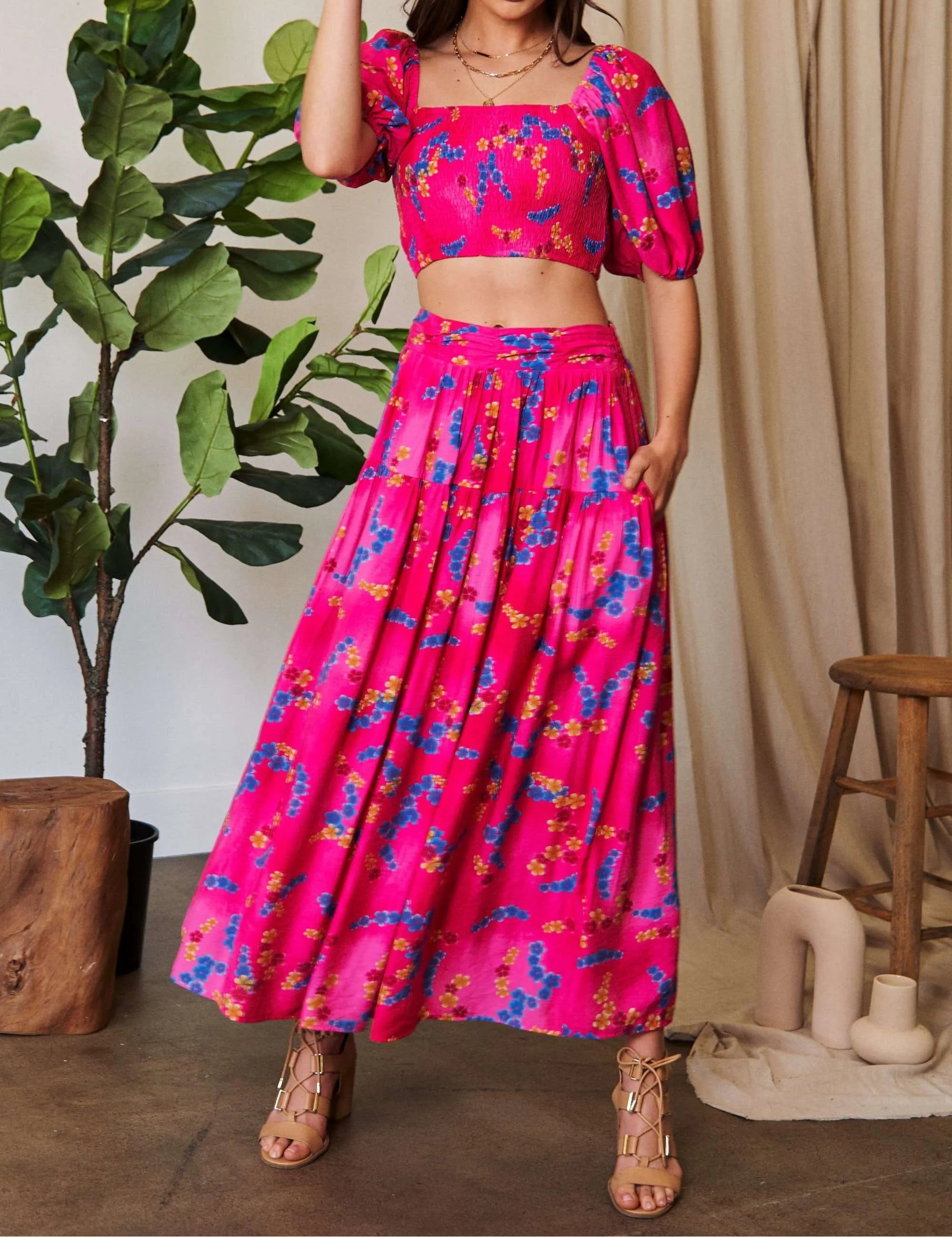 Davi & Dani Smocing Bodice Puff Short Sleeve Printed Crop Top-2 Piece Outfit Sets-Krush Kandy, Women's Online Fashion Boutique Located in Phoenix, Arizona (Scottsdale Area)