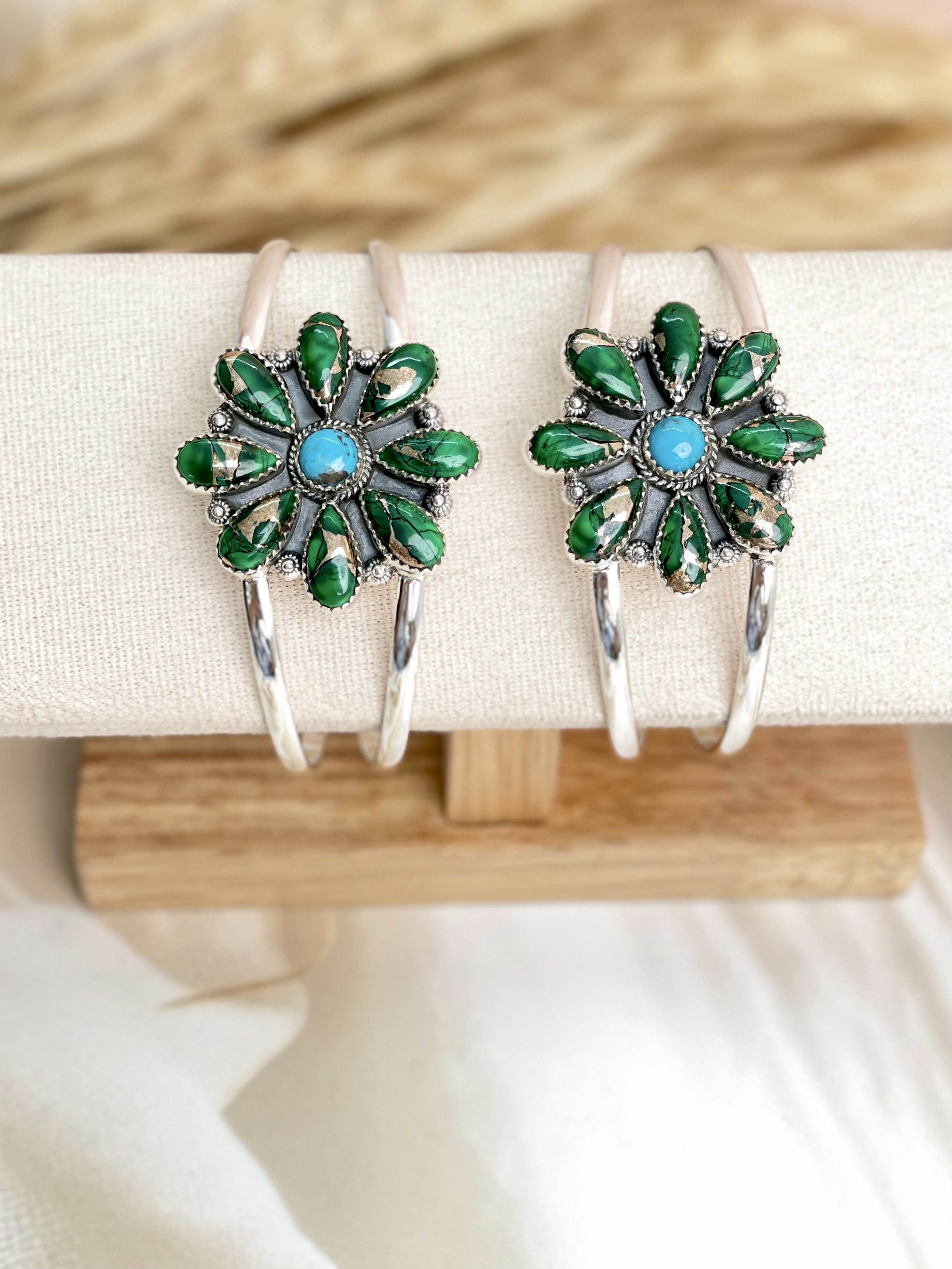 Irish Green Dahlia & Kingman Turquoise Adjustable Cuff Bangles sno 22-Bracelets-Krush Kandy, Women's Online Fashion Boutique Located in Phoenix, Arizona (Scottsdale Area)
