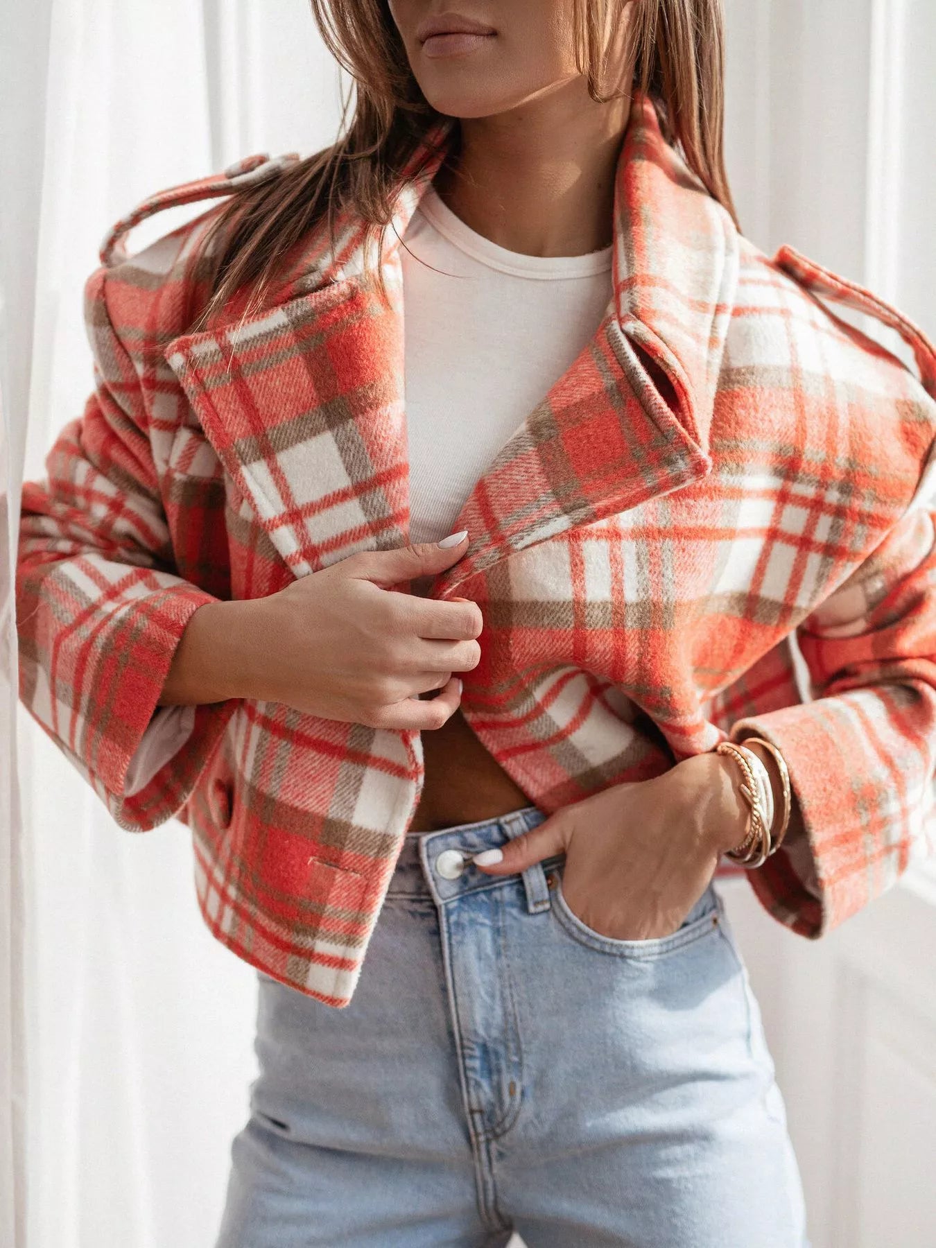 Plaid Lapel Collar Cropped Outerwear-Jackets-Krush Kandy, Women's Online Fashion Boutique Located in Phoenix, Arizona (Scottsdale Area)