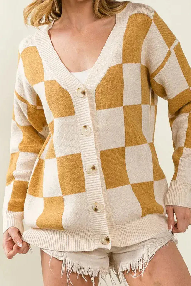 BiBi Checked V-neck Cardigan-Tops-Krush Kandy, Women's Online Fashion Boutique Located in Phoenix, Arizona (Scottsdale Area)