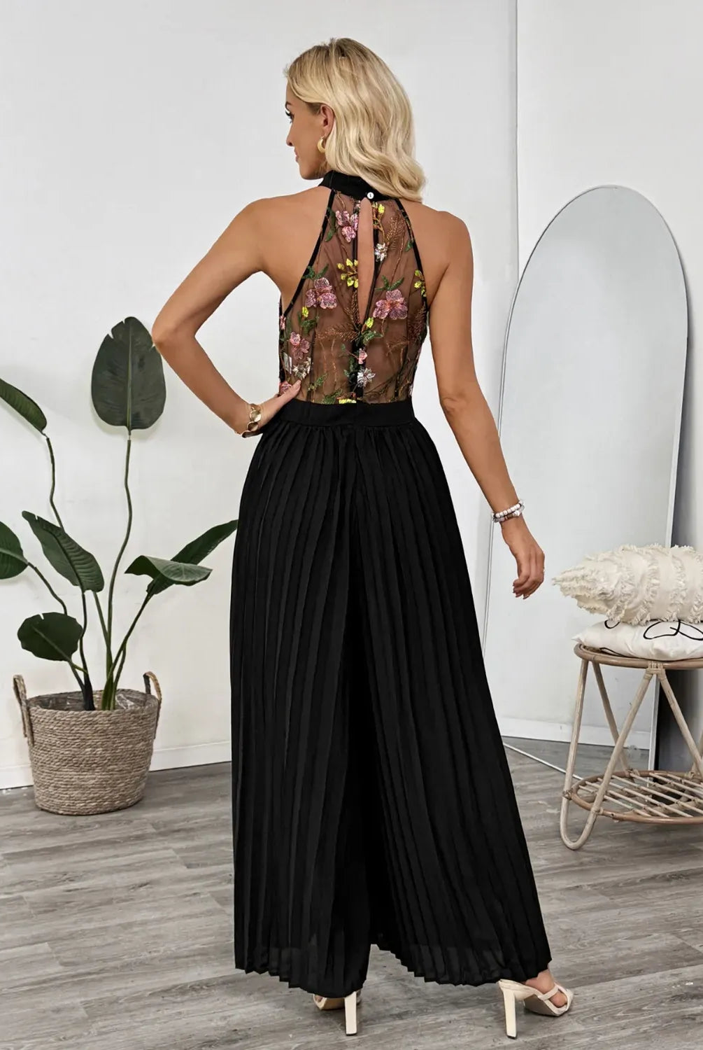 Floral Embroidered Halter Neck Pleated Jumpsuit-Jumpsuits & Rompers-Krush Kandy, Women's Online Fashion Boutique Located in Phoenix, Arizona (Scottsdale Area)