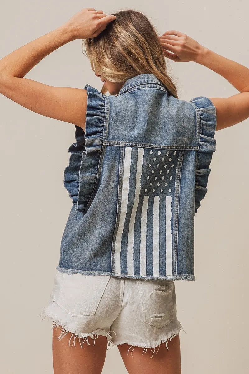 BiBi American Flag Washed Denim Jacket-Tops-Krush Kandy, Women's Online Fashion Boutique Located in Phoenix, Arizona (Scottsdale Area)