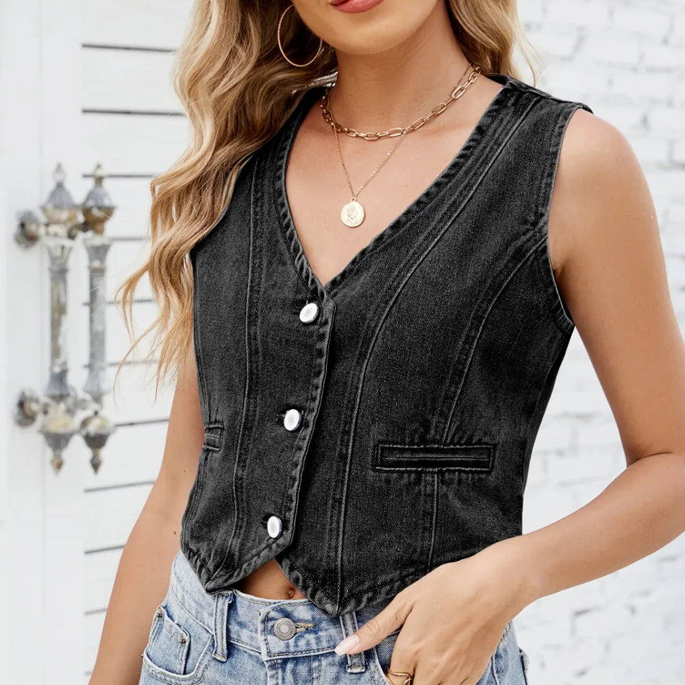 Button Down V-Neck Denim Vest-Krush Kandy, Women's Online Fashion Boutique Located in Phoenix, Arizona (Scottsdale Area)