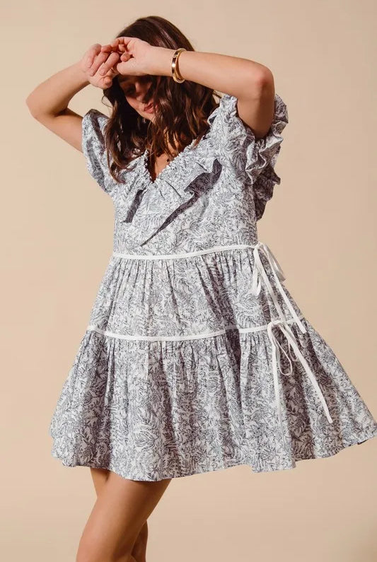 SO ME Cotton Printed Ruffle V Neckline Dress with Side Tie-Dresses-Krush Kandy, Women's Online Fashion Boutique Located in Phoenix, Arizona (Scottsdale Area)