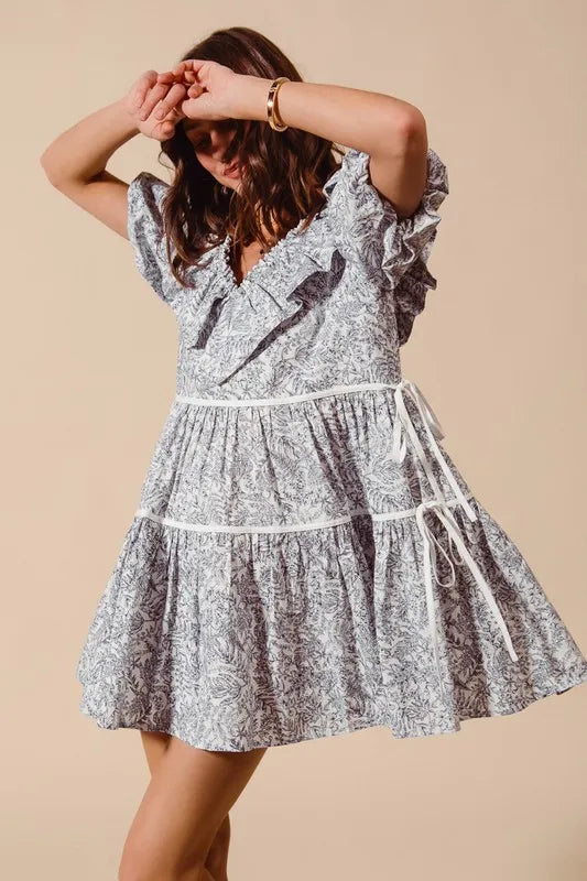 SO ME Cotton Printed Ruffle V Neckline Dress with Side Tie-Dresses-Krush Kandy, Women's Online Fashion Boutique Located in Phoenix, Arizona (Scottsdale Area)