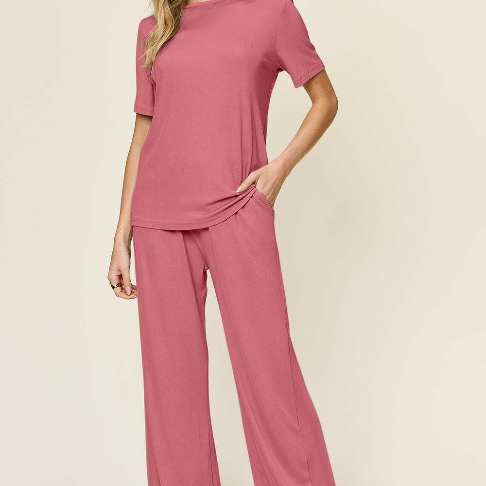 Double Take Full Size Round Neck Short Sleeve T-Shirt and Wide Leg Pants Set-Krush Kandy, Women's Online Fashion Boutique Located in Phoenix, Arizona (Scottsdale Area)