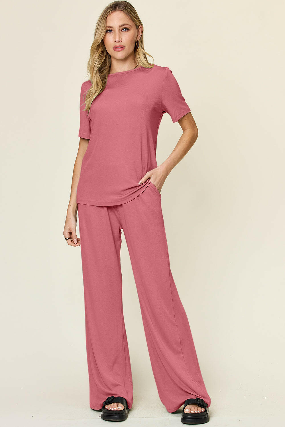Double Take Full Size Round Neck Short Sleeve T-Shirt and Wide Leg Pants Set-Krush Kandy, Women's Online Fashion Boutique Located in Phoenix, Arizona (Scottsdale Area)