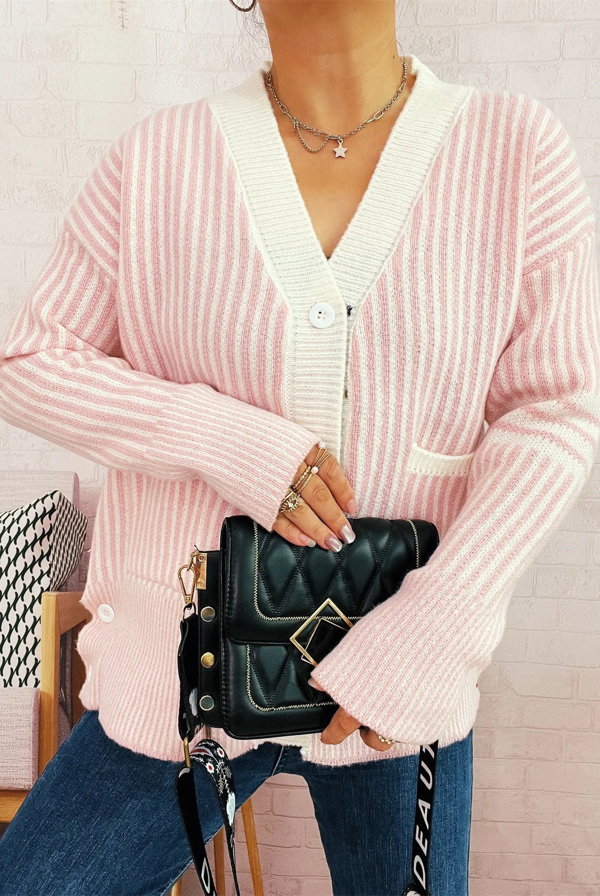 Striped Button-Front Cardigan with Contrast Trim-Cardigan-Krush Kandy, Women's Online Fashion Boutique Located in Phoenix, Arizona (Scottsdale Area)