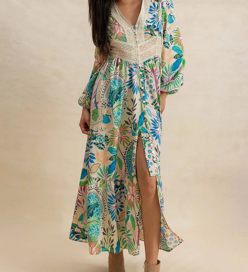 Slit Printed V-Neck Long Sleeve Midi Dress-Dresses-Krush Kandy, Women's Online Fashion Boutique Located in Phoenix, Arizona (Scottsdale Area)