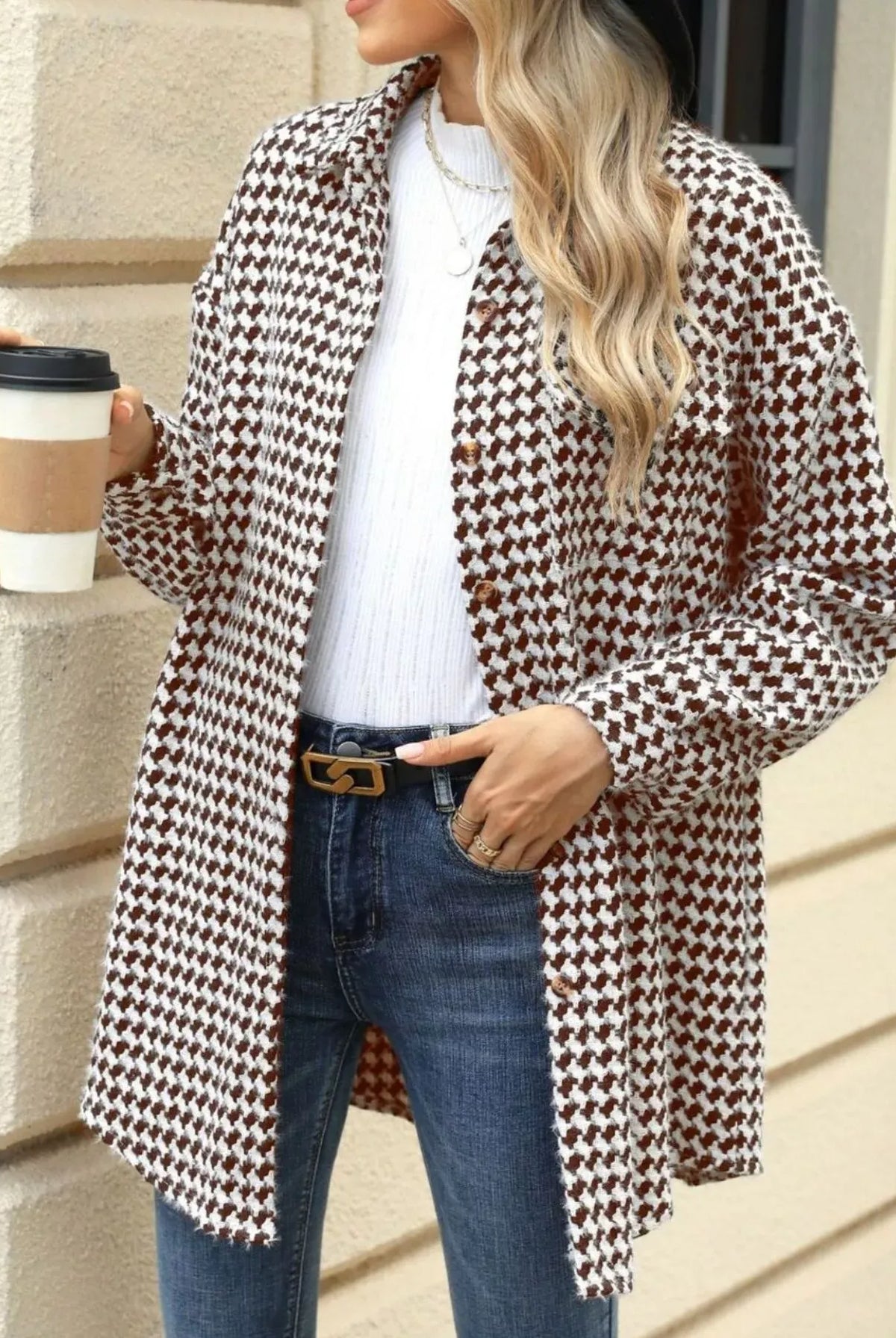 Houndstooth Button Up Long Sleeve Coat-Jacket-Krush Kandy, Women's Online Fashion Boutique Located in Phoenix, Arizona (Scottsdale Area)