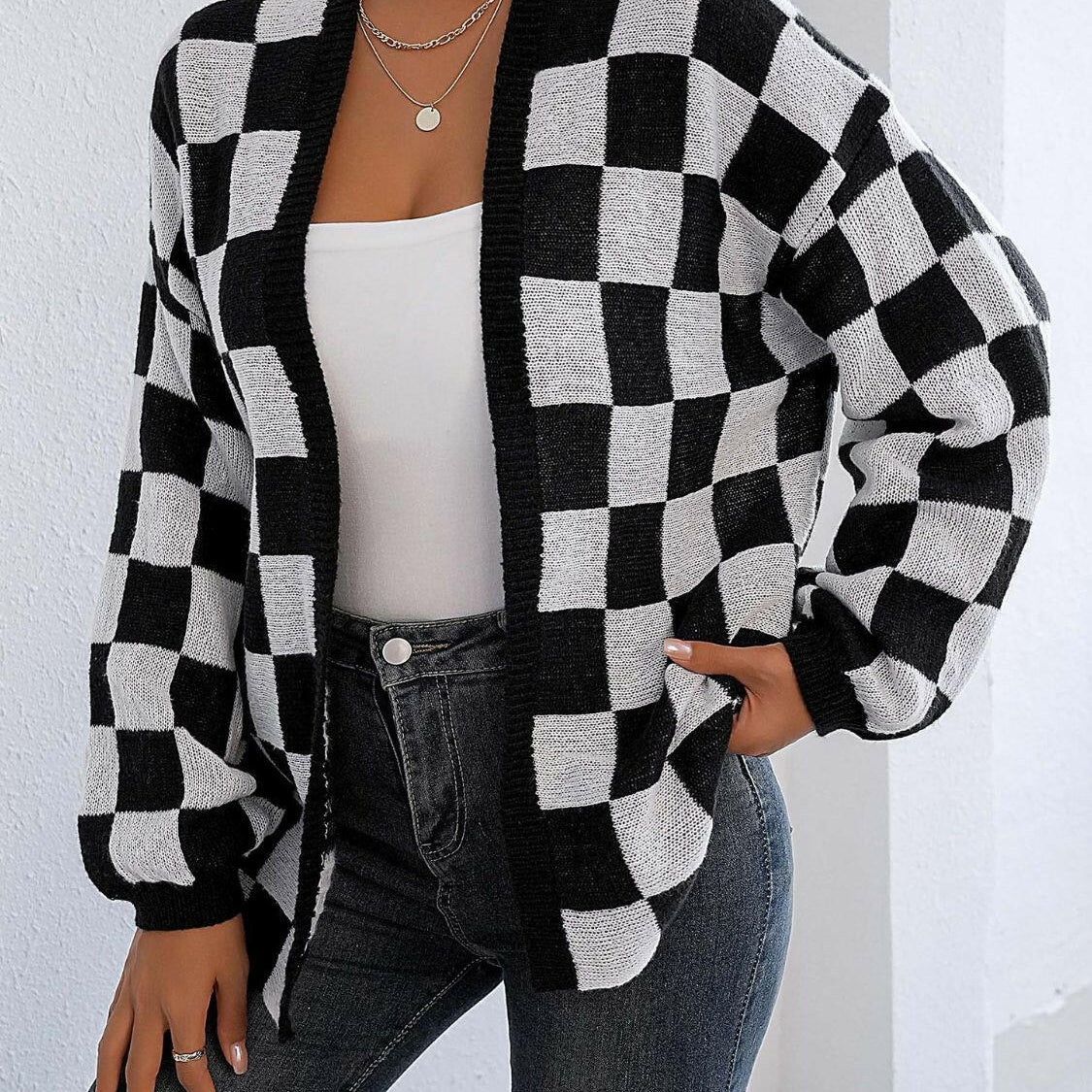 Checkered Open Front Long Sleeve Cardigan-Cardigans-Krush Kandy, Women's Online Fashion Boutique Located in Phoenix, Arizona (Scottsdale Area)