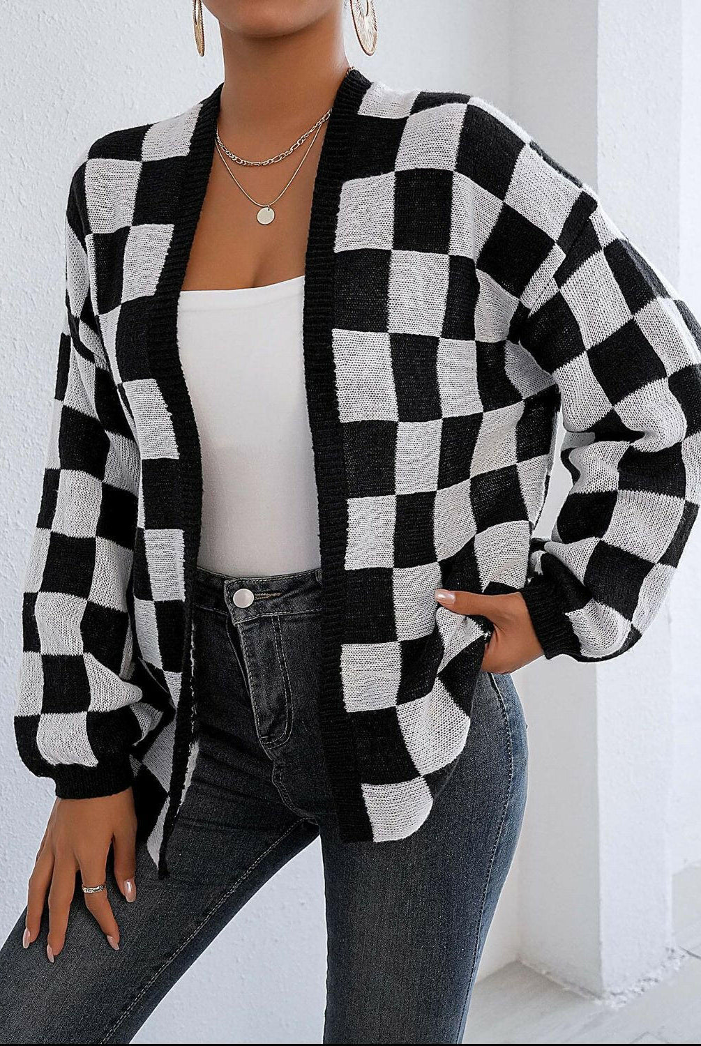 Checkered Open Front Long Sleeve Cardigan-Cardigans-Krush Kandy, Women's Online Fashion Boutique Located in Phoenix, Arizona (Scottsdale Area)