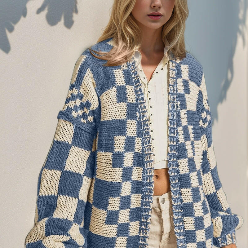 Double Take Full Size Open Front Checkered Drop Shoulder Cardigan-Krush Kandy, Women's Online Fashion Boutique Located in Phoenix, Arizona (Scottsdale Area)