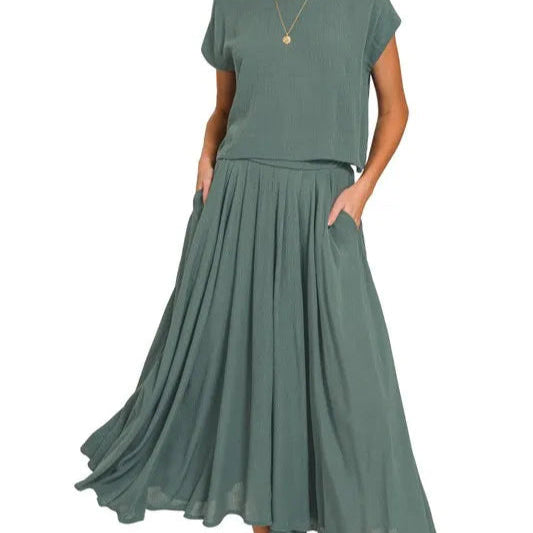 Woven Crinkle Gauze Crop Tee and Skirt Set-2 Piece Outfit Sets-Krush Kandy, Women's Online Fashion Boutique Located in Phoenix, Arizona (Scottsdale Area)