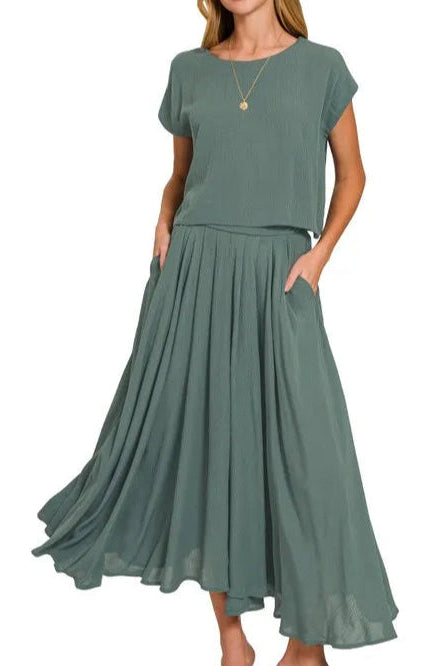 Woven Crinkle Gauze Crop Tee and Skirt Set-2 Piece Outfit Sets-Krush Kandy, Women's Online Fashion Boutique Located in Phoenix, Arizona (Scottsdale Area)
