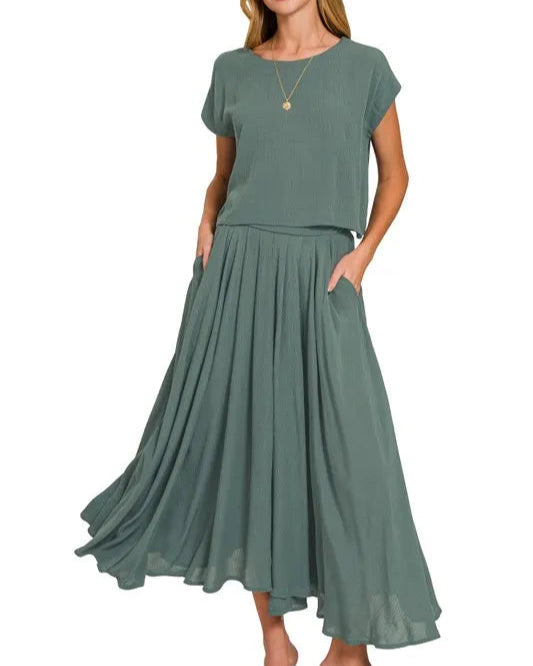 Woven Crinkle Gauze Crop Tee and Skirt Set-2 Piece Outfit Sets-Krush Kandy, Women's Online Fashion Boutique Located in Phoenix, Arizona (Scottsdale Area)