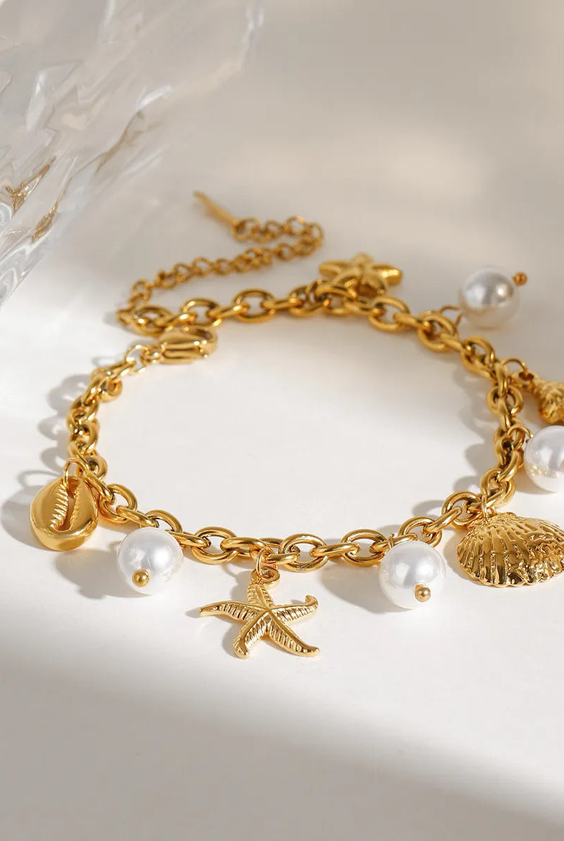 Ocean Theme Stainless Steel Chain Bracelet with Seashell and Starfish Pendants-Bracelets-Krush Kandy, Women's Online Fashion Boutique Located in Phoenix, Arizona (Scottsdale Area)