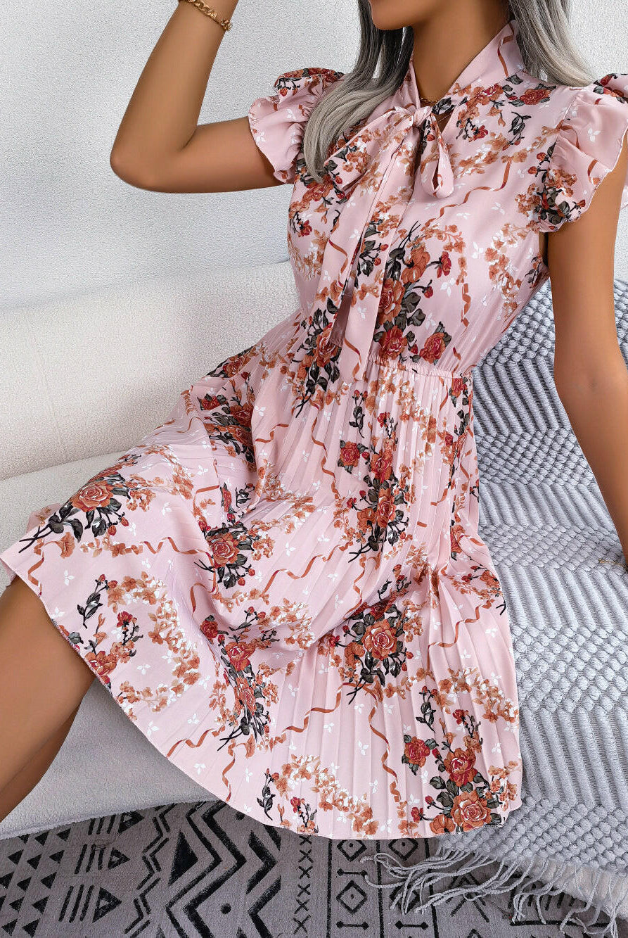 Garden Bloom Pleated Tie-Neck Dress-Dresses-Krush Kandy, Women's Online Fashion Boutique Located in Phoenix, Arizona (Scottsdale Area)