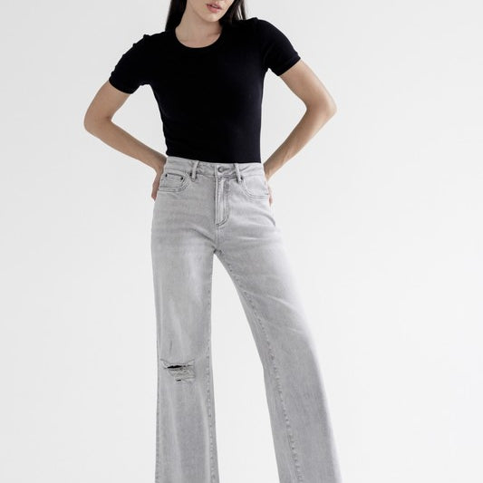 High Rise Wide Leg With Raw Hem Jeans-Denim-Krush Kandy, Women's Online Fashion Boutique Located in Phoenix, Arizona (Scottsdale Area)