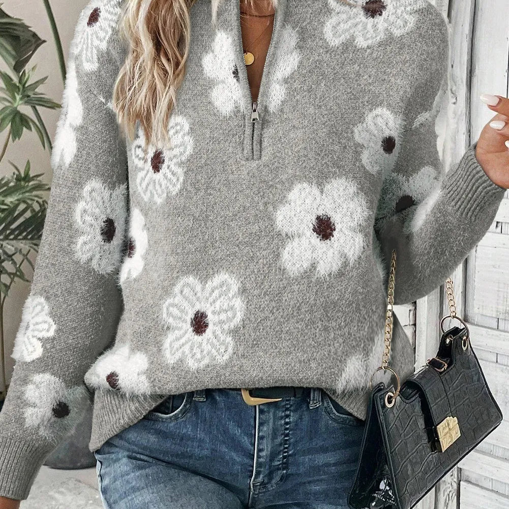 Flower Half Zip Long Sleeve Sweater-Sweaters-Krush Kandy, Women's Online Fashion Boutique Located in Phoenix, Arizona (Scottsdale Area)