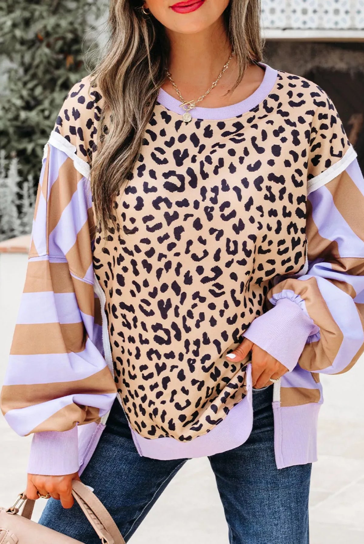 Stripe Color Block Patchwork Leopard Casual Sweatshirt with Slits-Sweaters-Krush Kandy, Women's Online Fashion Boutique Located in Phoenix, Arizona (Scottsdale Area)