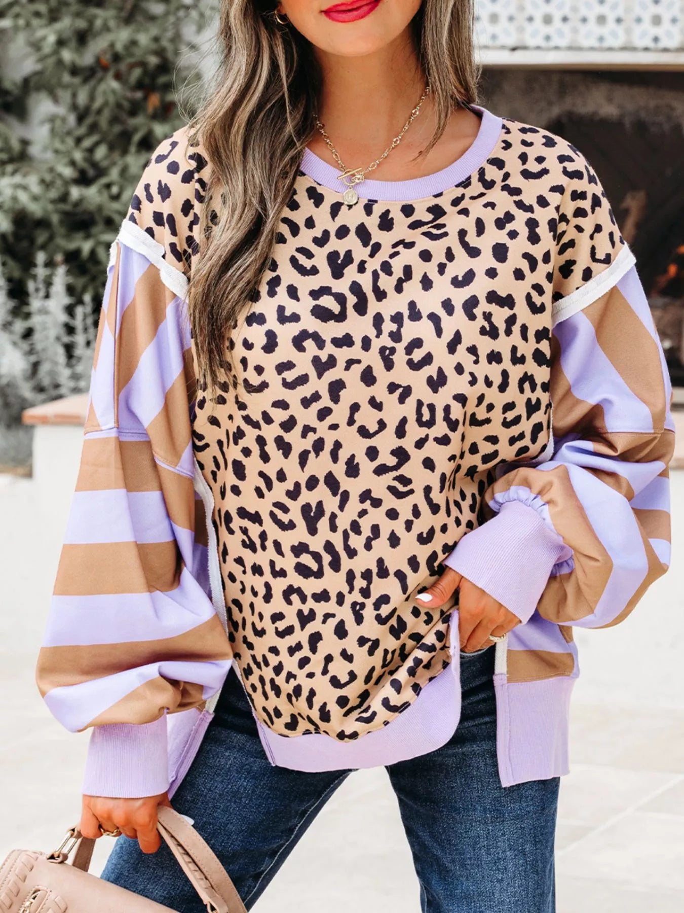 Stripe Color Block Patchwork Leopard Casual Sweatshirt with Slits-Sweaters-Krush Kandy, Women's Online Fashion Boutique Located in Phoenix, Arizona (Scottsdale Area)